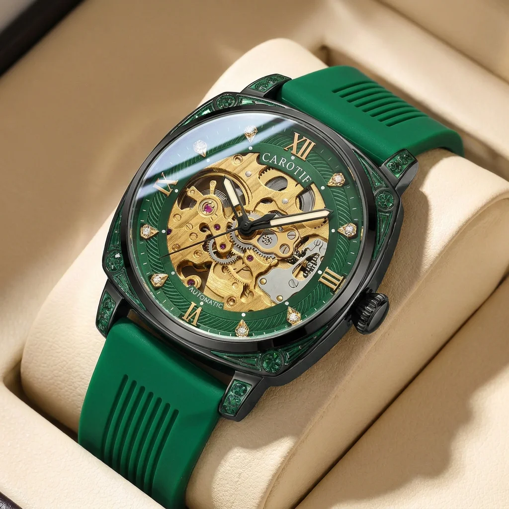 

1pcs Men's gold dial silicone strap vintage fashion skeleton gear luxury details Mechanical Watch for daily business party holid