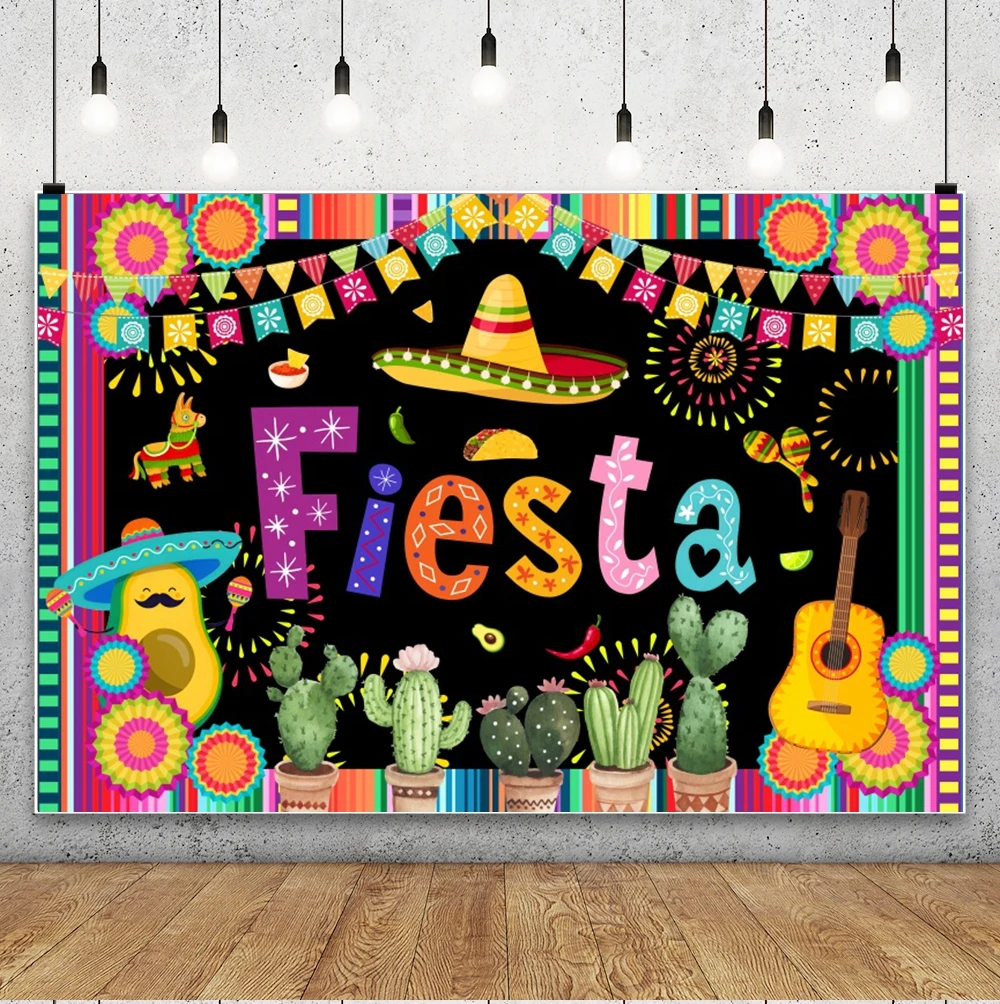 Mexican Fiesta Backdrop With Sombrero Cactus Guitar Banners Birthday Party Cinco De Mayo Photo Booth Decoration Background Props