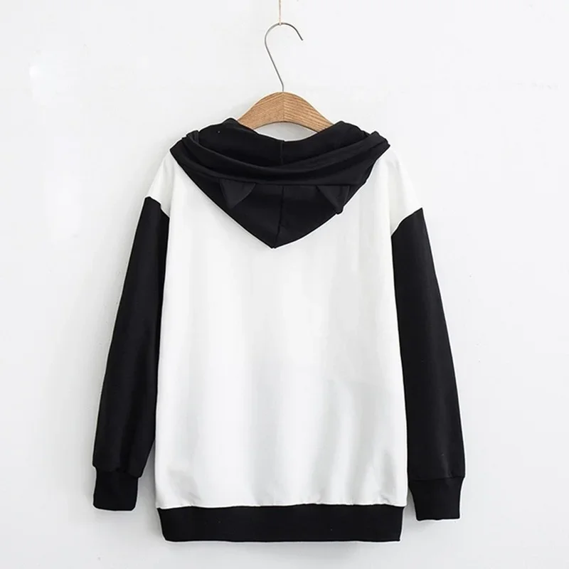 Women Loose Casual Long Sleeve Pocket Hoodies Tops Sweatshirt Cat and Fish Print Hooded Jumper Female Kawaii Japanese Pullovers