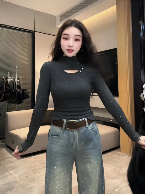 Suéter de punto de talla grande, ajustado, con purpurina y diseño calado, cuello alto, estilo americano, para chica moderna, para ir al trabajo, novedad de invierno.