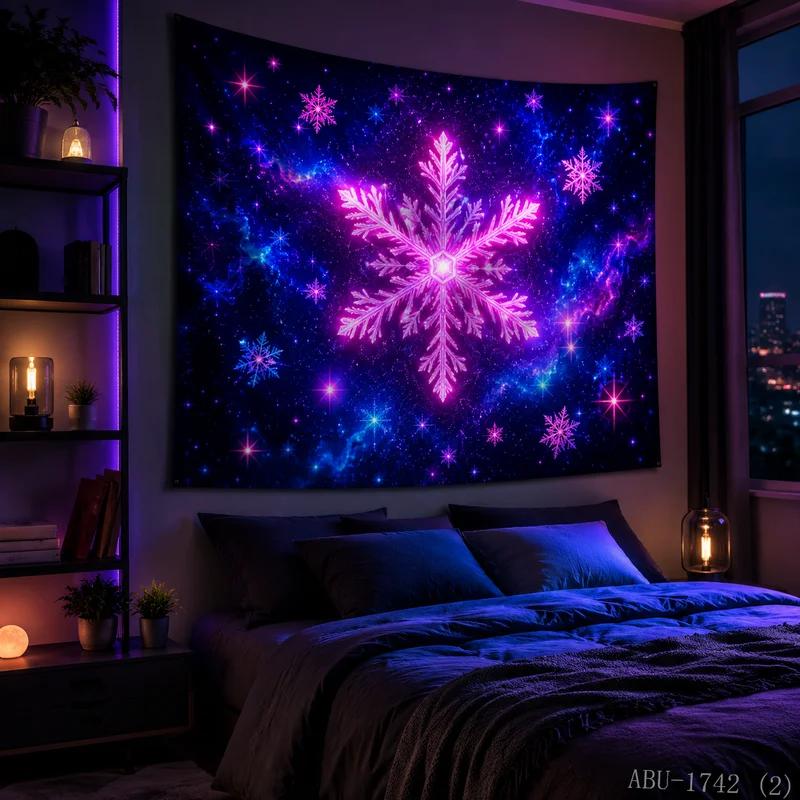 VIKAMA Neon Blue Purple Galaxy Vortex Snowflake Starry Cosmic Ring Black Glow Gaming Christmas Tapestry Wall Hanging Bedroom