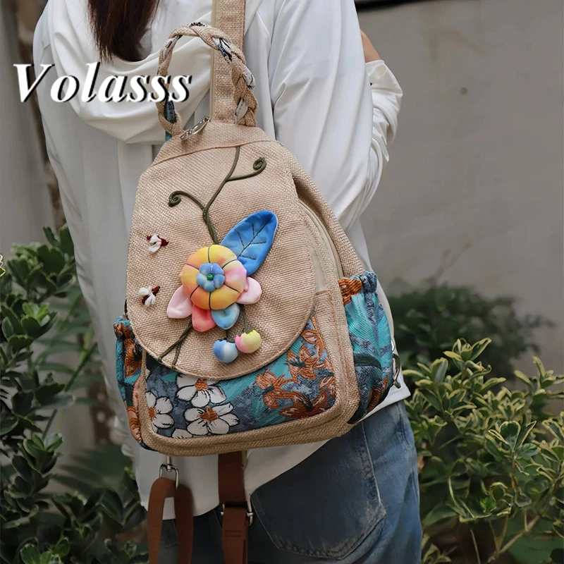 

VOLASSS New Handmade Canvas Women's Backpack Multi Layered Chest Pack National Style Handbag Casual Large Capacity Travel Bags