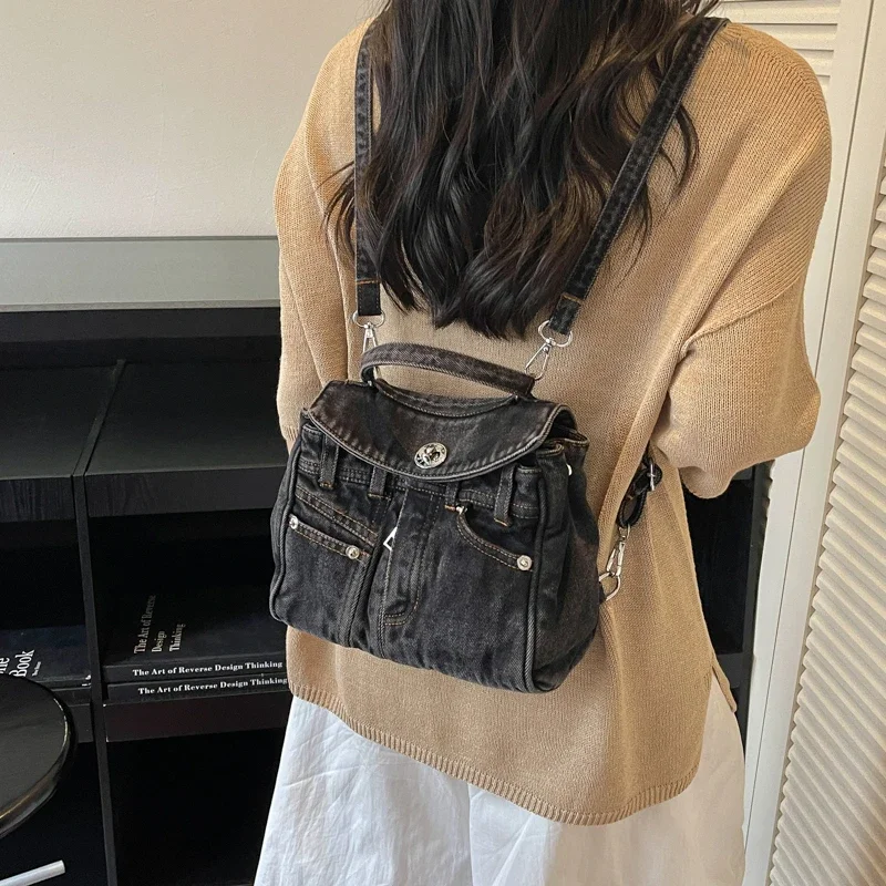 Fashion Vintage Denim Concise Crossbody Bags Multi‑Wear Elegant Sweet Backpack Jeans Fabric Casual Small Messenger Handbag