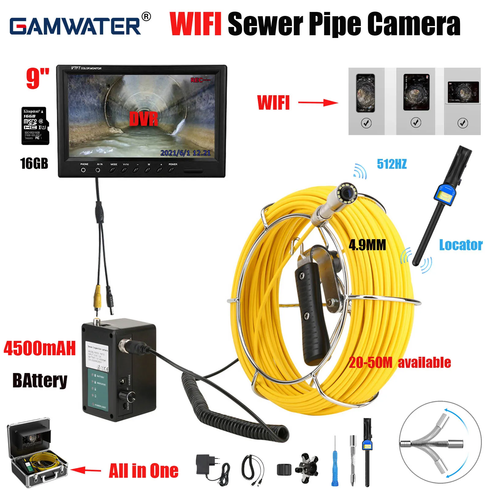

All-in-One 9" WiFi Drain Camera Kit DVR Recording 512Hz Transmitter & Receiver Auto-Leveling 20-50M Cable Industrial Endoscope