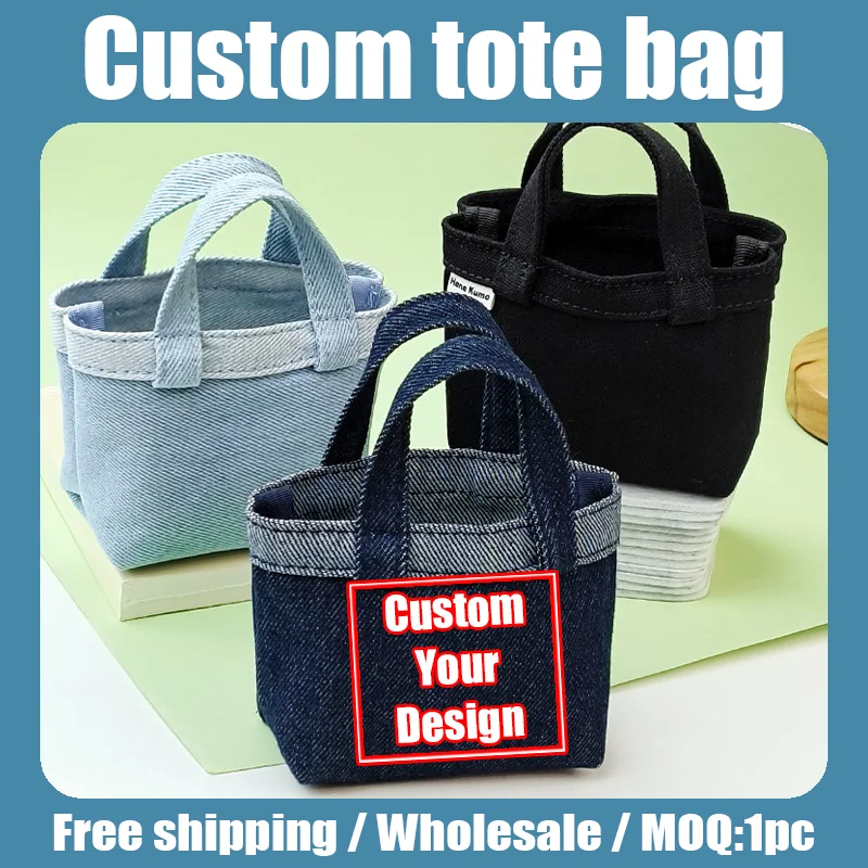 Custom LOGO DIY Mini Canvas Tote Bag Coin Purse Card Holder Portable Cosmetic Pouch Earphone Storage Bag for Women