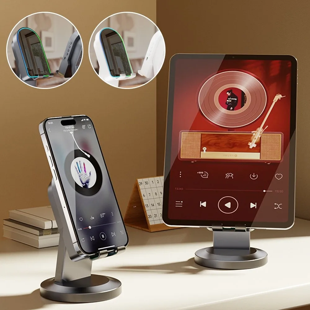 2 in 1 Induction Mobile Phone Holder Button Ambient Light Phone Stand HD Sound Multi-function Wireless Bluetooth Speaker Stand