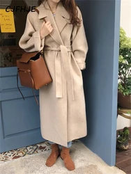 CJFHJE Beige Long Sleeve Coats Women New Fashion Vintage Solid Color Turn Down Collar Winter Blends Casual Loose Long Wool Coat