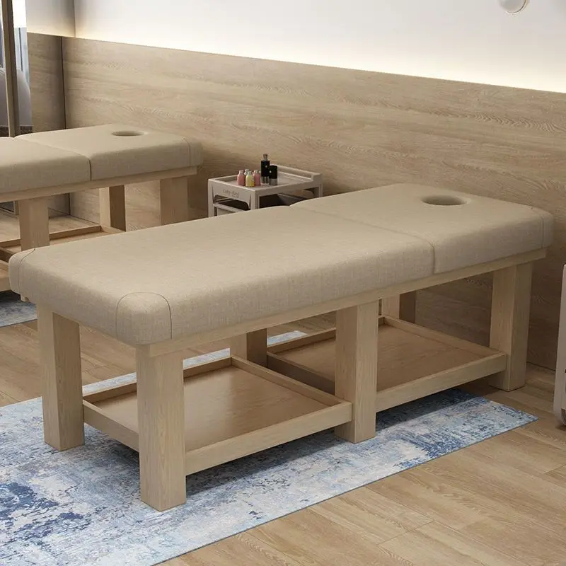 

Wooden Massage Bed with Ceramic Basin, Solid Wood Spa Bed, High-Density Sponge Shampoo Chair, Facial Lash Salon Furniture