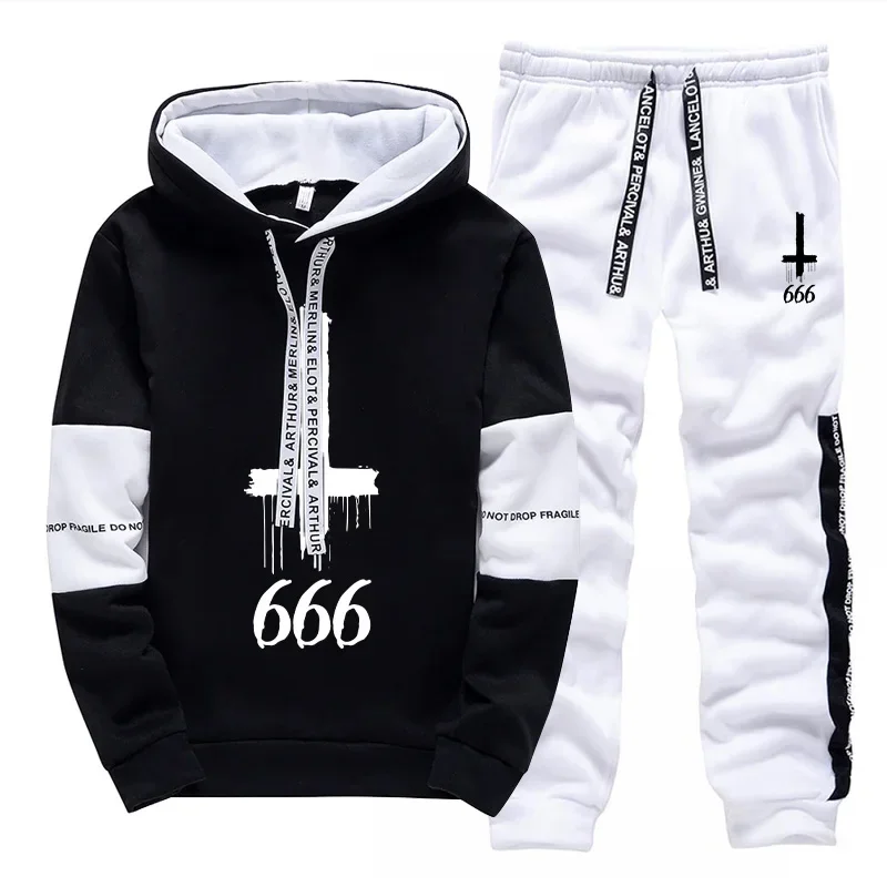 2026 Newest Men's Sweatshirts Sweatpants 2pcs Set Urban Casual Fashion Tracksuit Satan Inverted Cross Print Hoodie Casual Outfit