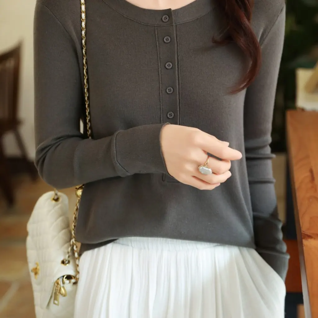 

Women's French Fine Imitation Knitted Sweater Half Open Neck Long Sleeve Base Shirt Top 24 New Design Sense Thin