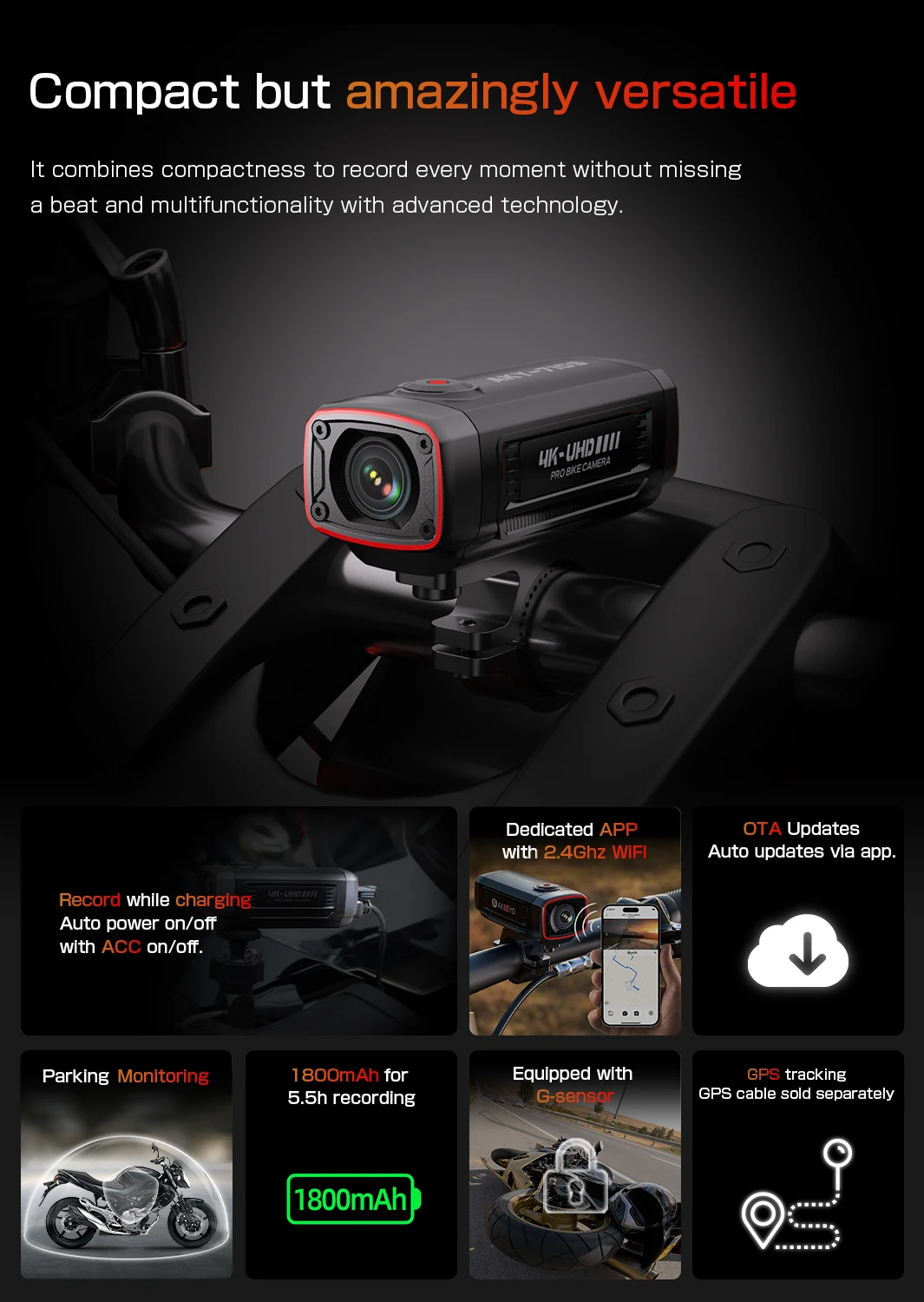 AKY-710S Motorcycle Dash Cam 4K28fps, 2K 55fps, Wide-Angle 142°, IP66, 5MP, Loop & Emergency Recording, Parking Monitor, Smartph