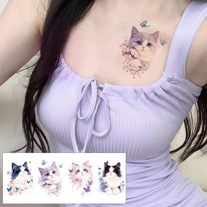 Autocollants de Tatouage Temporaire Papillon et Chat Mignon, Faux, Étanche, Durable, Ange, Bras, Dessin Animé, 4 Pièces/Lot