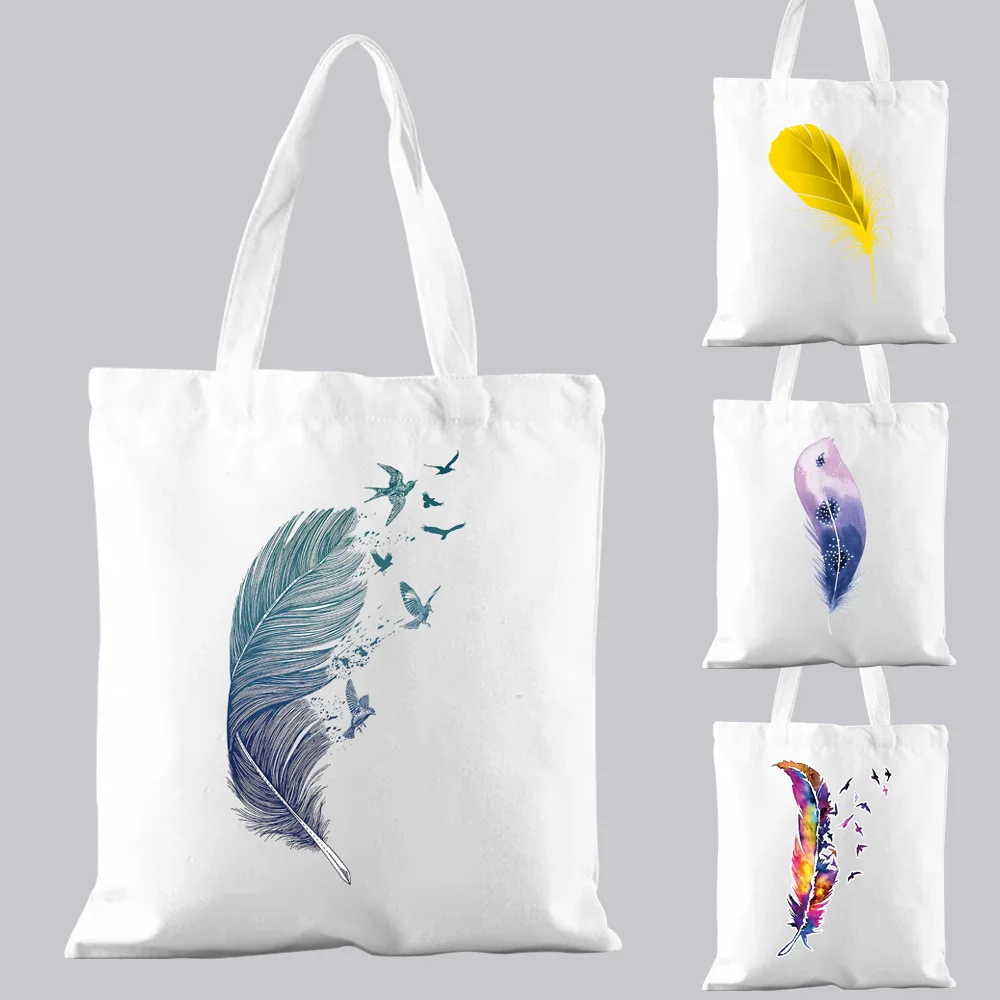 

Fashion Shopping Bag Handbag Lady White Casual Commuter Feather Pattern Printed Canvas One Shoulder Can Be Reused and Portable