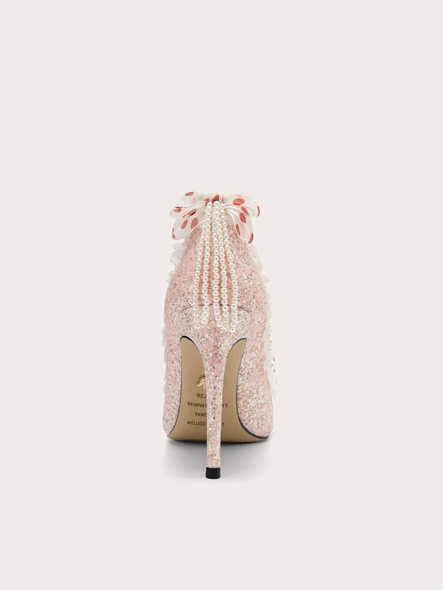 Spring new pointed toe shallow pearl ribbon bow pink sequin high heels banquet dress large size small size thin heel women shoes