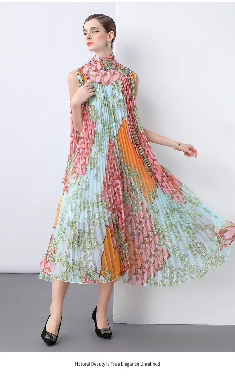 Robe ethnique élégante en mousseline de soie fluide, imprimé Floral, col Semi-haut, sans manches, pour femmes, amincissante, plissée, été, 2025