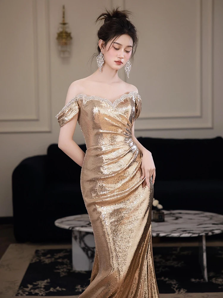 Gouden avondjurk zeemeermin pailletten bruidsmeisjesjurk off-shoulder galajurk feestjurk met veters aan de achterkant