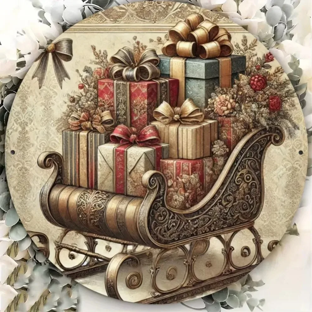 Retro Iron Decor: Vintage Christmas Sleigh & Gifts Round Metal Sign (8x8 Inches) – For Outdoor, Garden & Home Decor