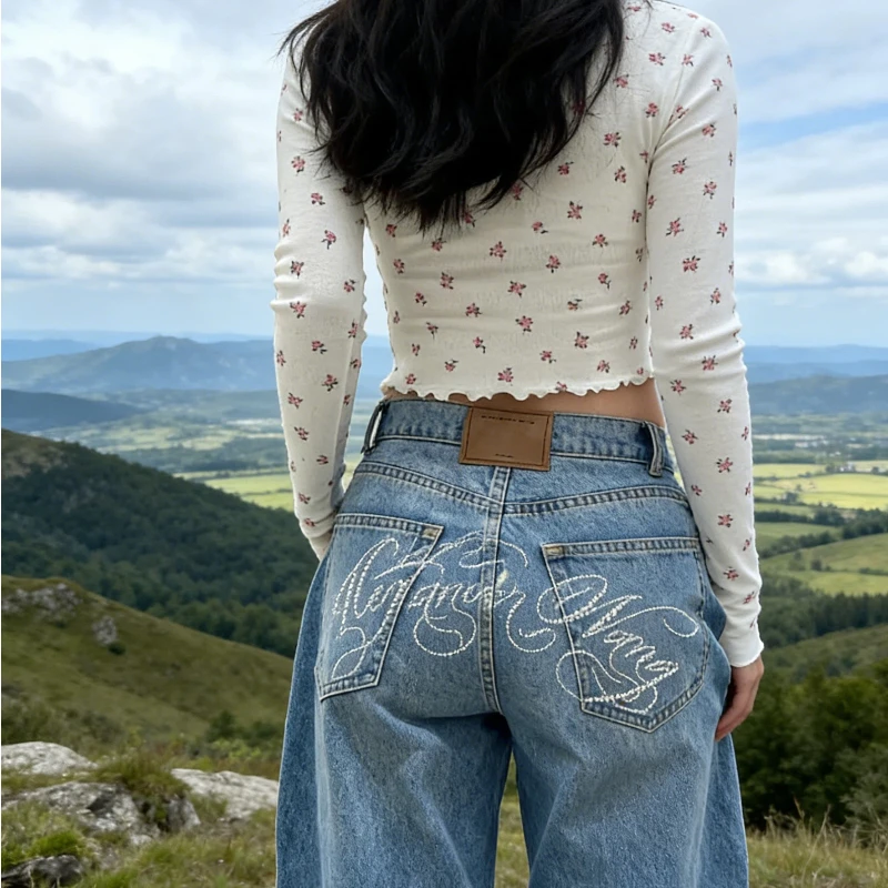 Y2k Jeans Women Vintage American Retro Heavy Duty Letter Pants Loose Straight Leg Winter New Design Slim Fit