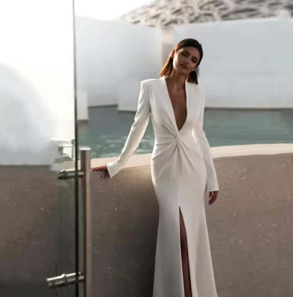 

Customized Simple Satin Mermaid Long Sleeves Wedding Dress Sexy Deep V Neck Pleat Wedding Gown Plain Long Train Robe De Mariee