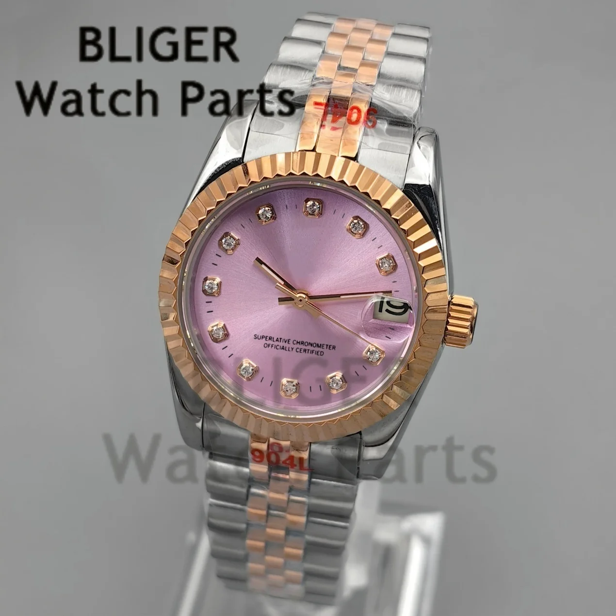 BLIGER Two Tone Rose Gold 31mm Luxury Mechanical Watch NH15 Automatic Movement Pink Dial Diamond 10Bar Waterproof Steel Strap