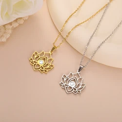 Skyrim Lotus Flower Necklace Women Stainless Steel Clear Zircon Pendant Neck Chain Yoga Chakra Buddhism Jewelry Christmas Gifts