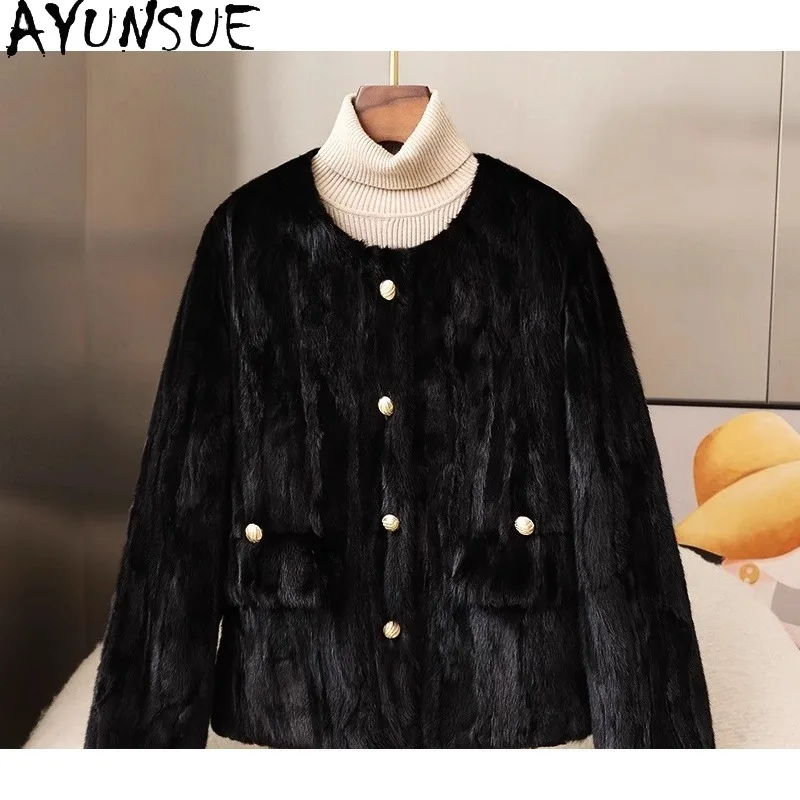 AYUNSUE Cappotto di Pelliccia di Visone Naturale per la Donna 2025 Nuovo Elegante Autunno Inverno Vestiti Pezzi Cappotto di Pelliccia di Visone Donna Fourrures Femmes