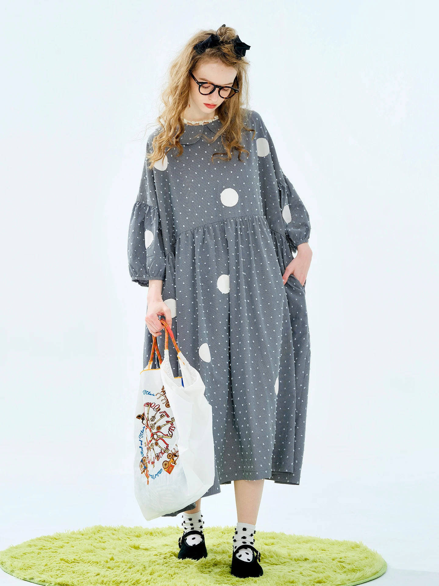 

Dress 2025 imakokoni Summer Commuter Art Doll Collar Loose Grid Polka Dot A-line dress t 255083