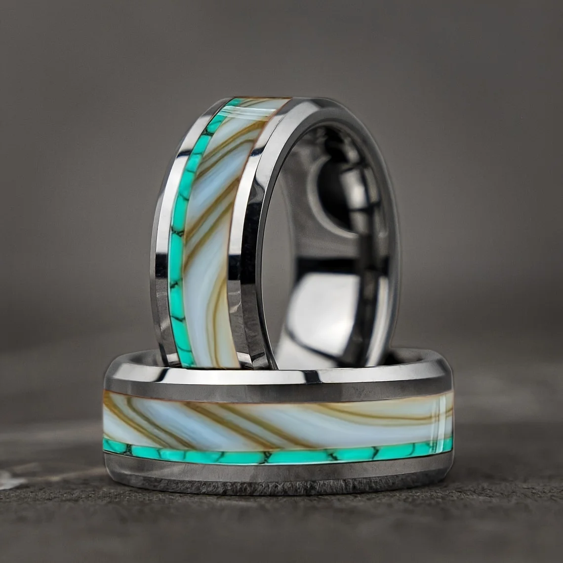 

Fashion 8mm Men Stainless Steel Ring with Turquoise and Marble Stones Inlay Rings for Men Women Wedding Jewelry Drop Shipping