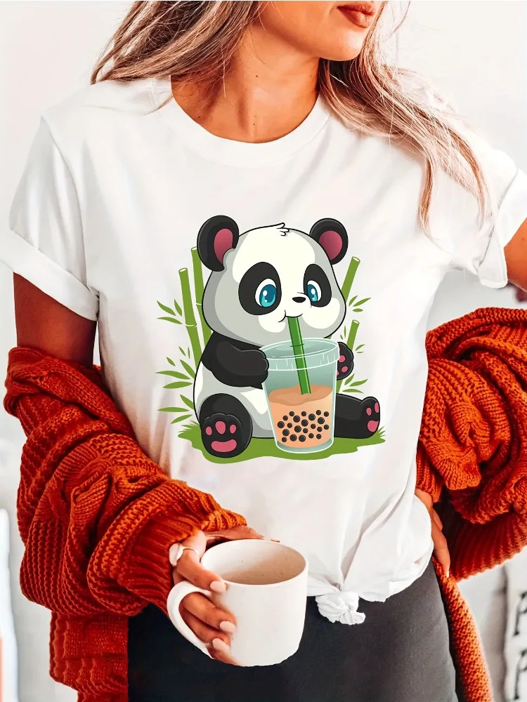 New Comfortable and Stylish Panda Print Crew Neck Women's T-Shirt Spring Summer and Fall Casual Short-Sleeve Women's Wear