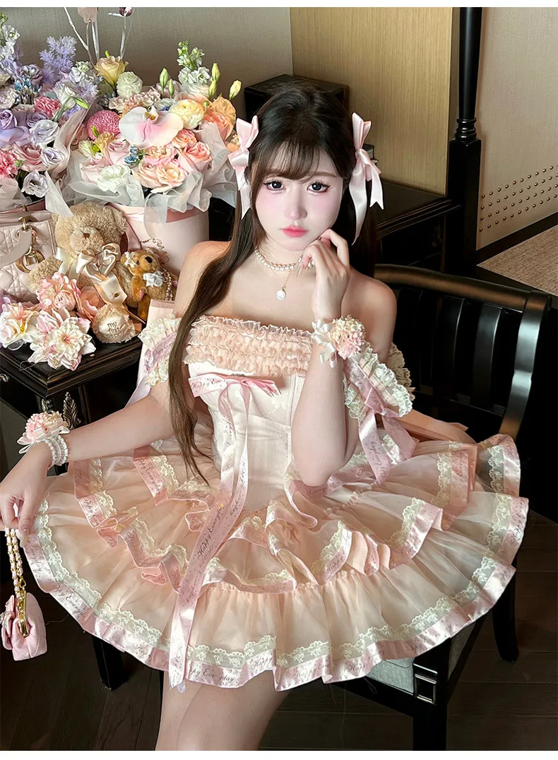 Lolita Mini JSK Multi Layer Lace Ruffle Big Bow Voluminous Cake Puffy Short Dress Sweet Cool Princess Party Gown No Back Bow