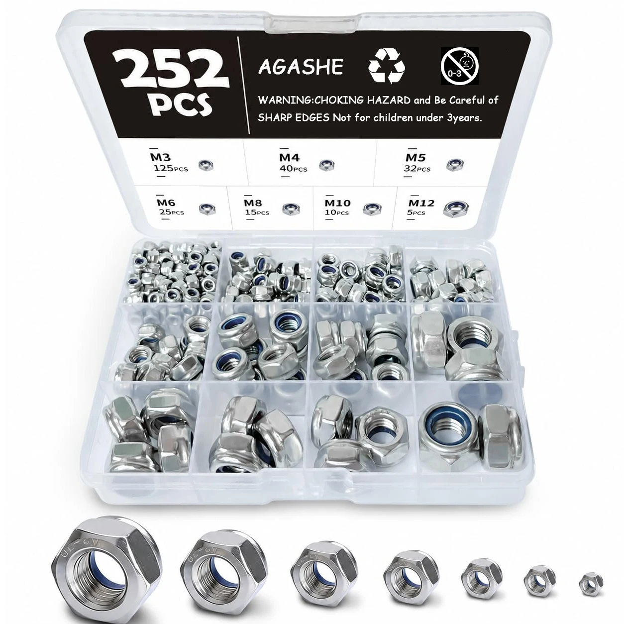 252Pcs Nylon Insert Lock Nuts Assortment,7 Sizes M3 M4 M5 M6 M8 M10 M12 Metric Stainless Steel Nylock Hex Locking Nuts Kit for S