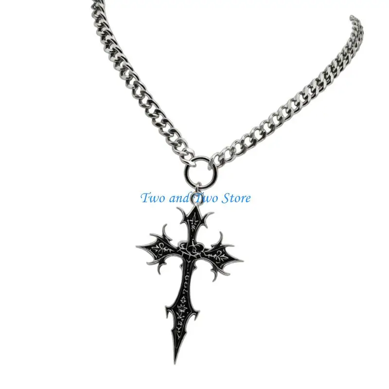 HX6F Alternative Necklace, Gothic Crosses Pendant Necklace with Short Chain Fit, Dark Engraved Finish, Daily Styling, and Gift