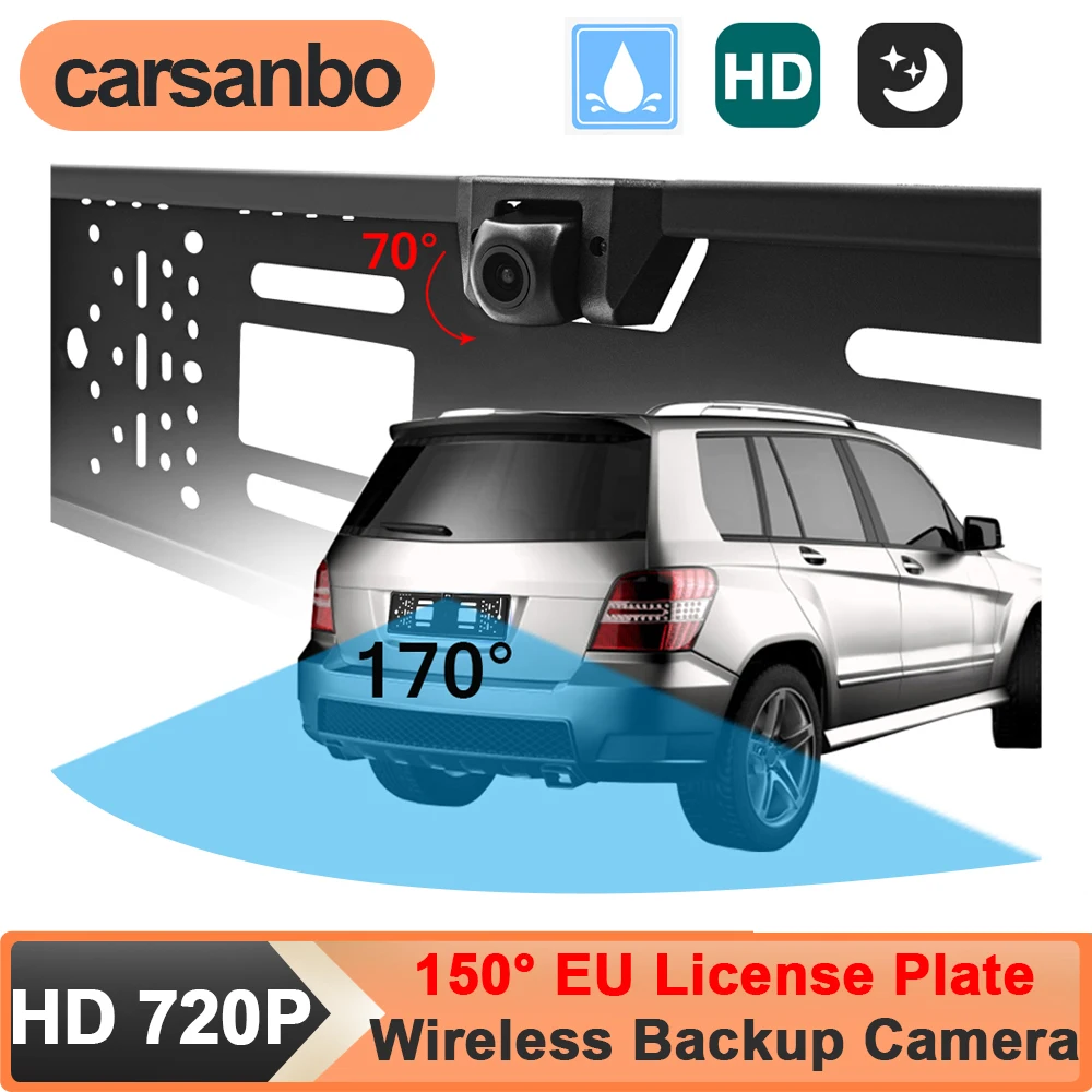 Carsanbo HD 720P Car Wireless Rear View Camera European License Plate Holder 5G WiFi EU Parking Backup Camera Rotatable Lens 70°