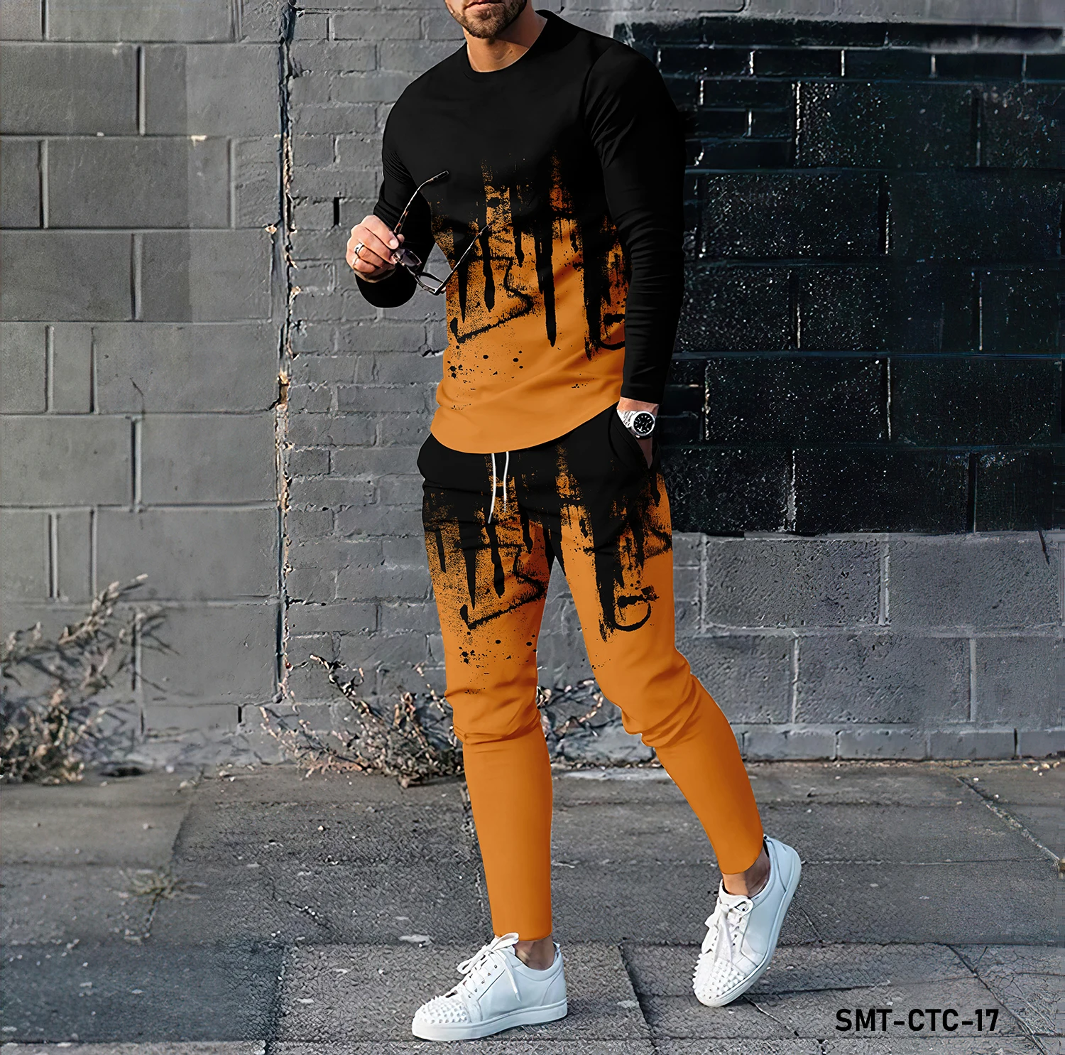 Flame pattern 3D printing new men\'s long sleeved T-shirt and pants set fashion clothing sportswear two-piece set  Flame pattern