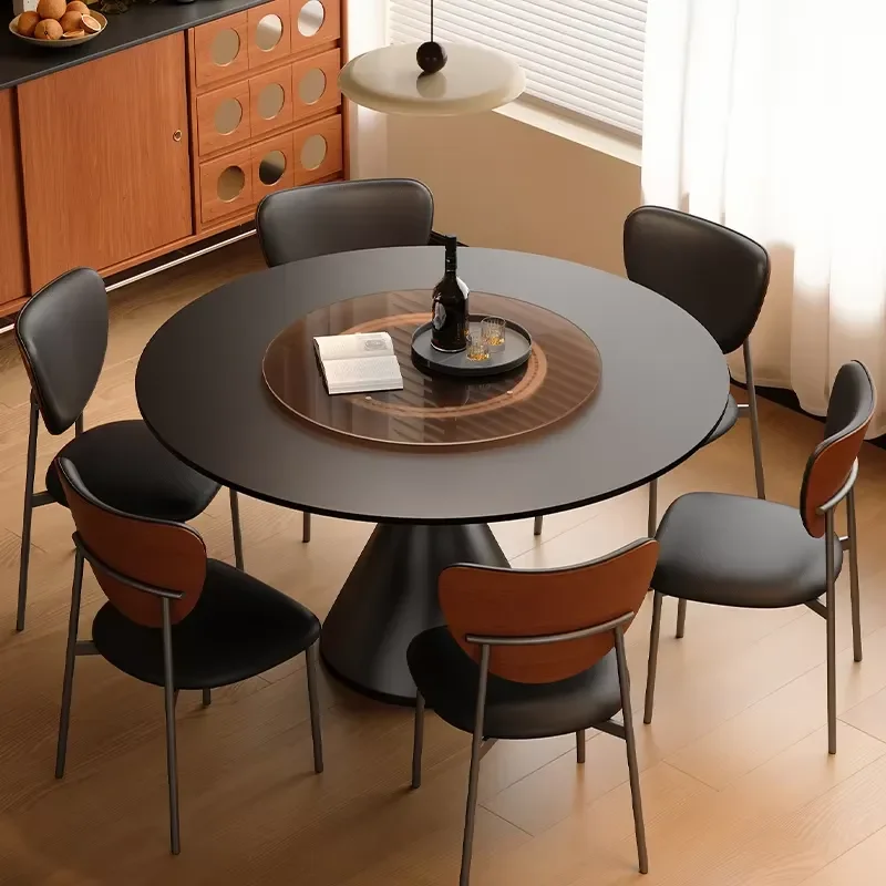 High-end Creative Round Simple Stone Dining Table Simple Small Home Use Round Table with Turntable Black Creative
