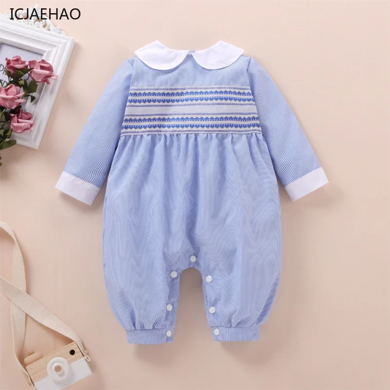 

ICJAEHAO 2024 Baby Girl Striped Long Sleeves Jumpsuit Newborn Toddler Romper Clothes Kids Lapel Collar Fashion Boutique Outfit