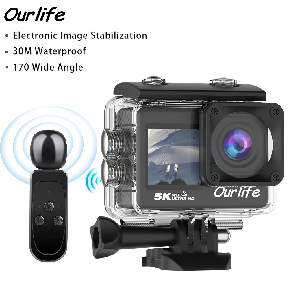 

Экшн-камера Ourlife MTR60 Pro 5K с сенсорным экраном 2,0 дюйма 170 ° Водонепроницаемая спортивная камера Wi-Fi с 5-кратным зумом, 30 м и пультом дистанционного управления 2 в 1