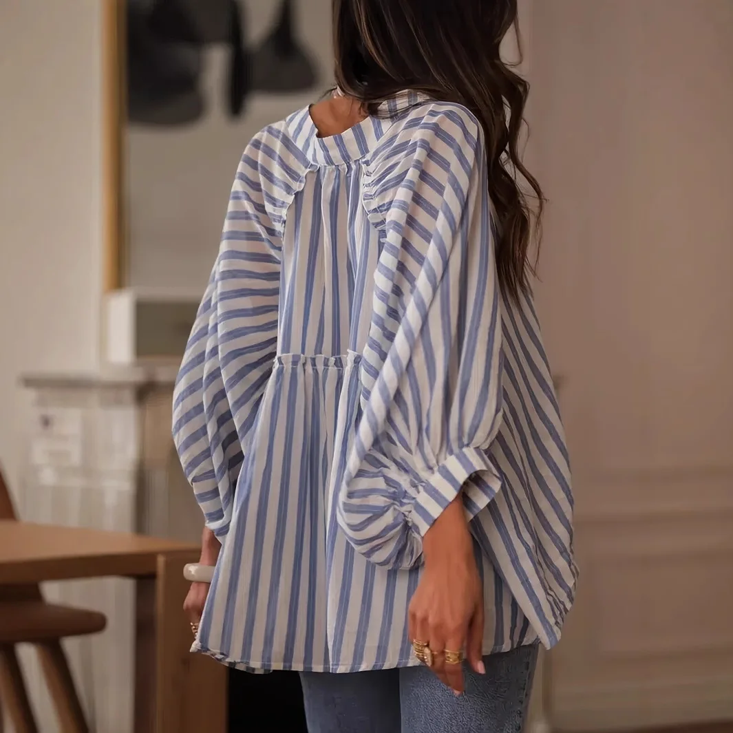 

2025 Designed Women's Loose Striped Shirt Bat Sleeve Patchwork Fashion Korean Button Cardigan High Street Versatile Top
