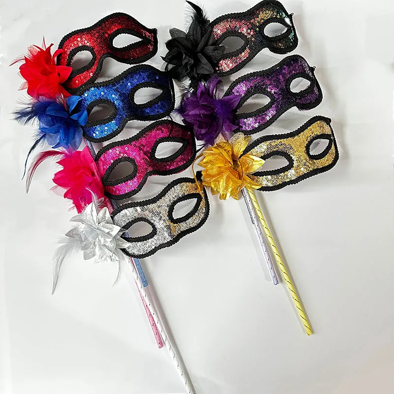 Halloween Flower Feather Party Venice Mask Half Face Cover Costume Handheld Sequin Mask With Holding Stick Mardi Gras Masquerade