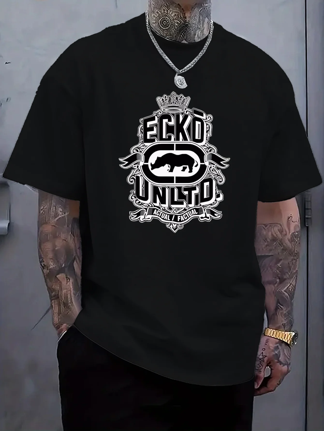 Camiseta branca casual de algodão puro com gráfico de coroa e elefante respirável e confortável