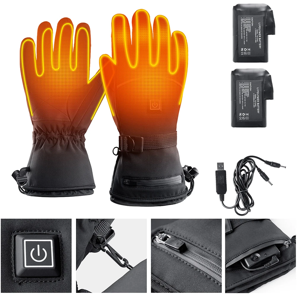 Electric Heating Gloves Winter Waterproof Motorcycle Riding Gloves 3 Levels 4000mAh Rechargeable Battery Powered Heated Gloves