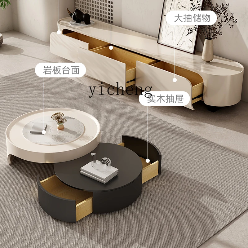 Tqh-Meuble TV Rétractable de Style Crème, Rond, Moderne, pour Salon et Maison