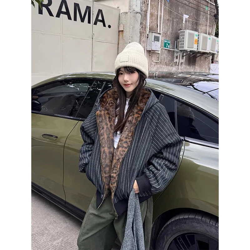 

YIBASHU Winter Women Stripe Lambs Wool Hoodie Jacket American Retro Black Outwear Coat Y2k Korean 2000s High Street Thick Warm