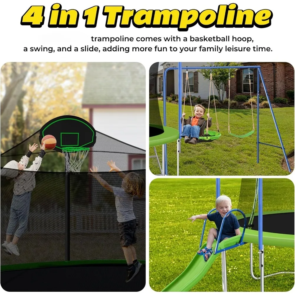 14FT Outdoor Trampoline with Swing, Slide, Basketball Hoop, Safety Enclosure and Ladder,  for Kids and Adults