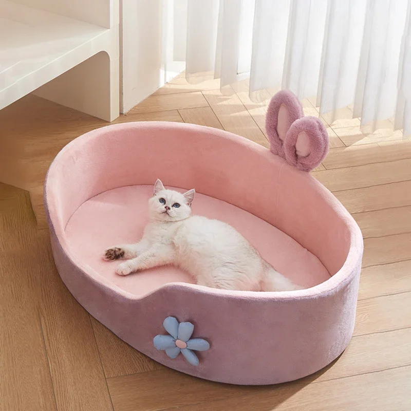 INS Bunny Themed Pet Bed, Pink Rabbit Dog Nest, Soft Rebounding Cat Cushion, Comfortable and Skin-Friendly Design