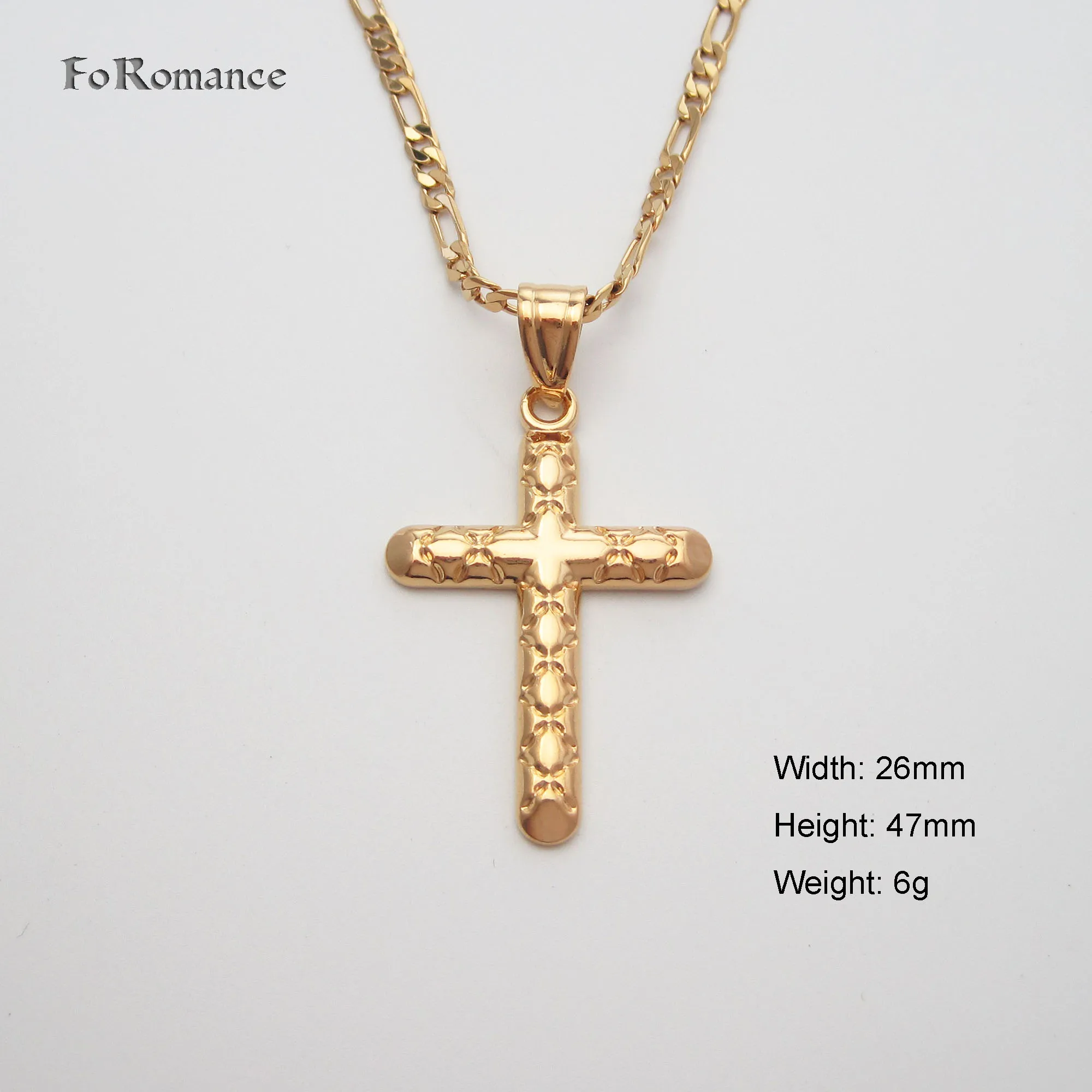 60CM FIGARO CHAIN CARVED PLAIN SURFACE WRONG MARK PATTERN CROSS PENDANT YELLOW GOLD COLOR GREAT GIFT