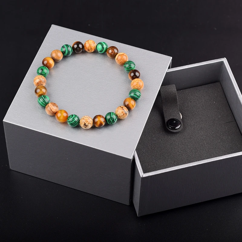 Natural Stone Bead Bracelet Man Women Triple Protection Reiki Jewelry Tiger Eye Howlite Malachite Couple Bracelet Homme Gift