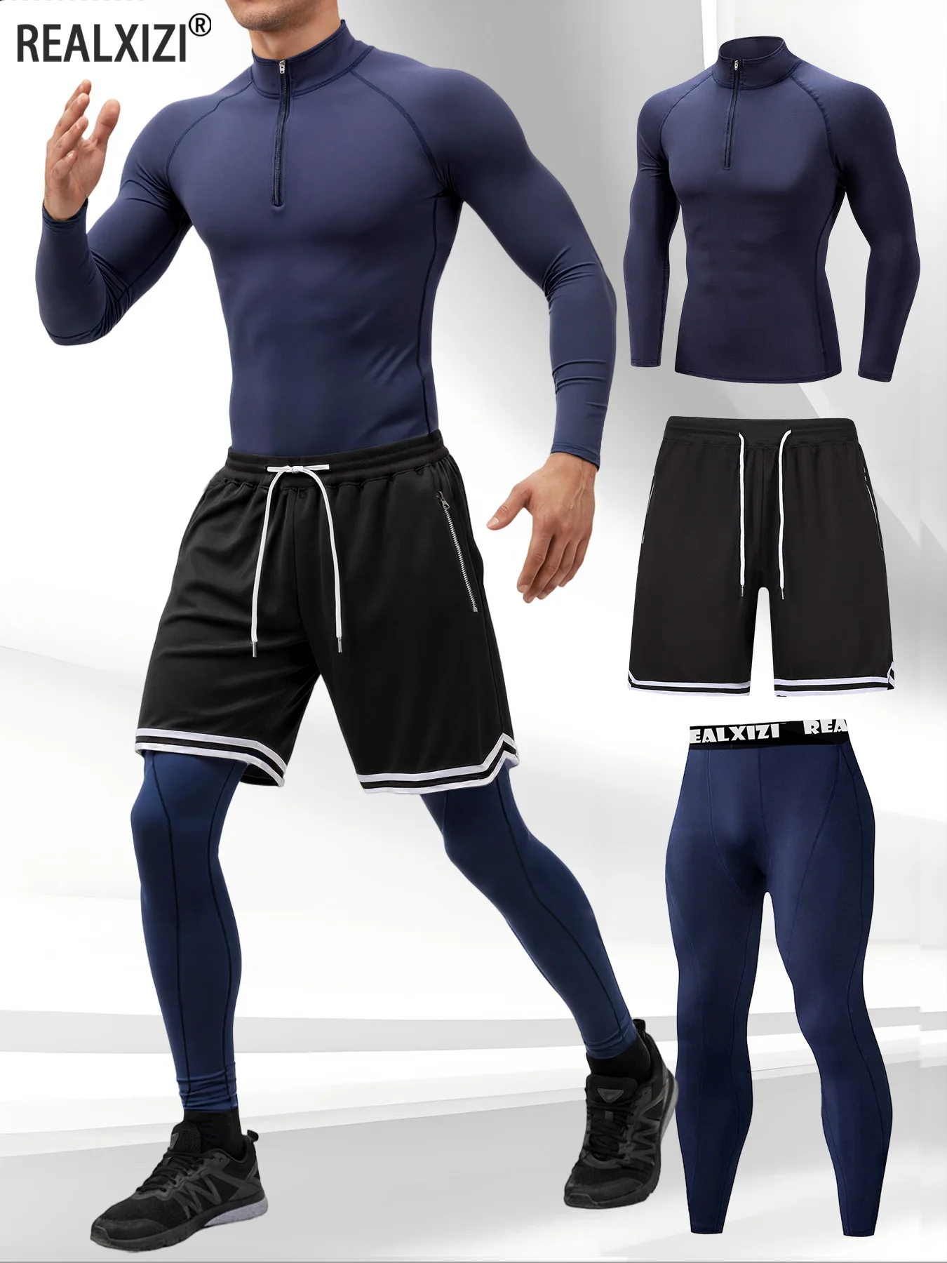 

3-Piece Men's Quick-drying SportsSuit Fitness Running Tight Elastic Trousers + Long Sleeve T-shirt + Shorts Sets Gym Clothes