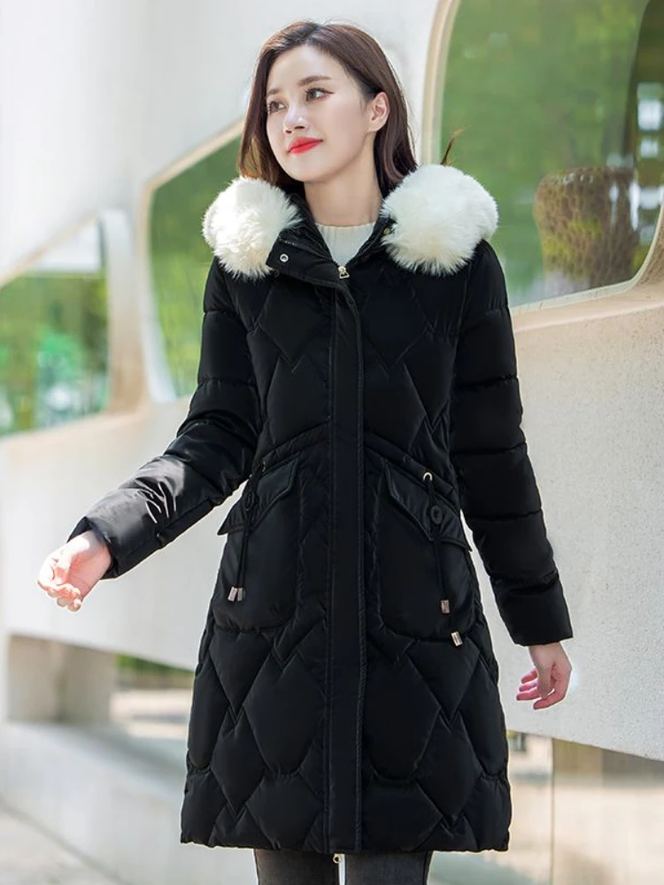 2023 Fashionable Women\'s Very Keep Warm Winter Drawstring Coat Lady Mid-Length Thickening Hooded Large Fur Collar Cotton Outwear