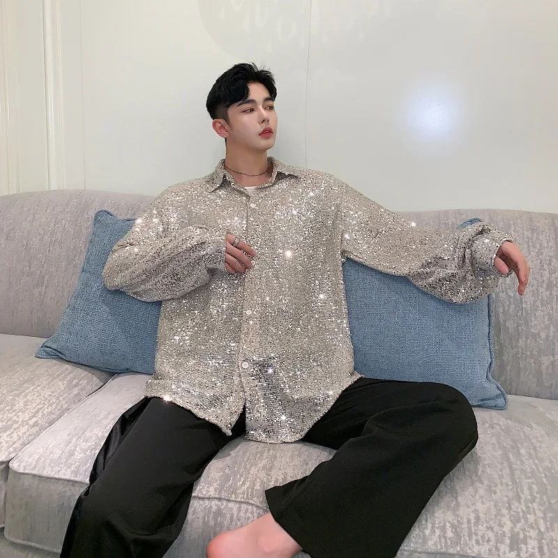 

Trendy Men's Shirt Hand Sewn Sequins Heavy Embroidery Line Night Club Singer Original Design Sensation Ins Famous Brand